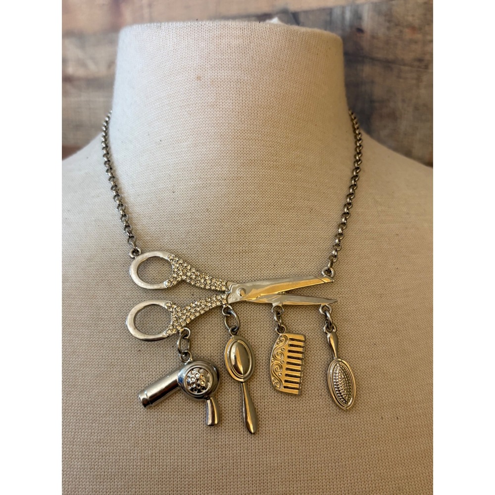 Silver Tone Rhinestone Hair Stylist Scissors Charm Necklace Hairdresser Gift